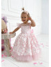 White Floral Appliques Pink Tulle V Back Flower Girl Dress